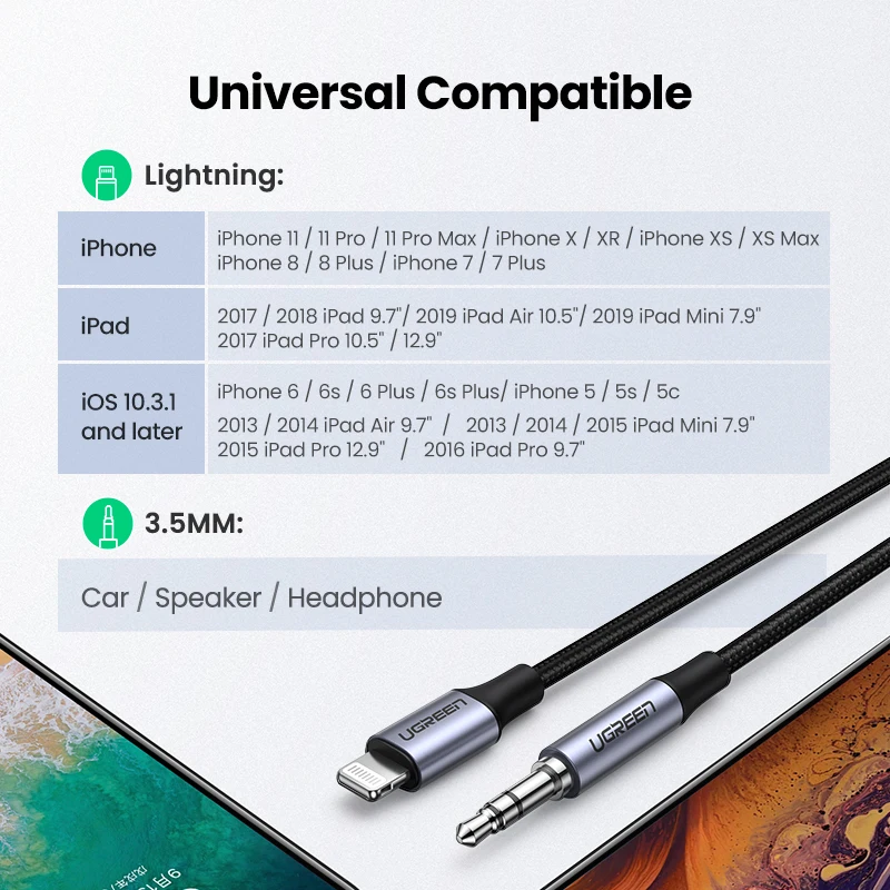 UGREEN MFi Lightning to 3 5mm Aux Cable for iPhone 11 Pro Max 8 7 X 3 5mm Jack Male Cable Car Converter Headphone Audio Adapter