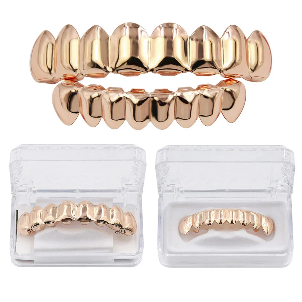 18k Gold Plated Hip Hop Teeth Grils Top & Bottom 8 Grill Set Halloween