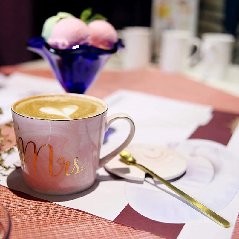 Набор кофейных кружек Mr Mrs, керамическая мраморная кофейная чашка 15 унций с крышками и ложкой в подарочной коробке