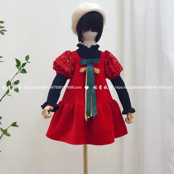 

Girls sequined puff sleeve dress 2020 autumn and winter new western style bow tie girl princess dress