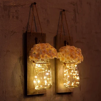 

2pcs Retro LED Wooden Mason Jar Lantern Simulation Flower Wall String Flashlight Outdoor Decor Wedding Decoration Lighting