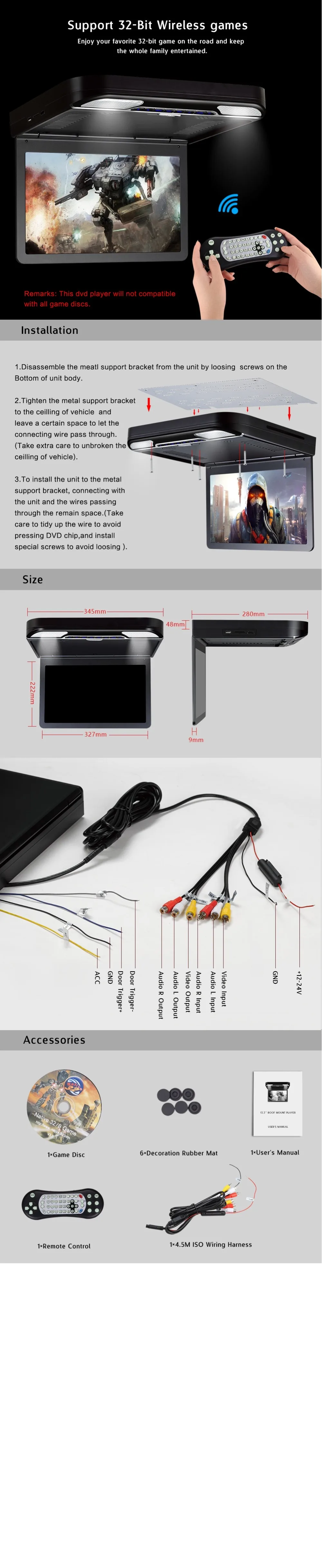 13,3 дюймов FHD ips цифровой экран Автомобильный крыша крепление dvd-плеер с HDMI 1080p видео