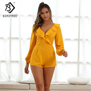 

Yellow Playsuit Women V-neck Ruffles Backless Zipper Long Sleeve Rompers Women Jumpsuit Overalls ropa mujer D02604Y