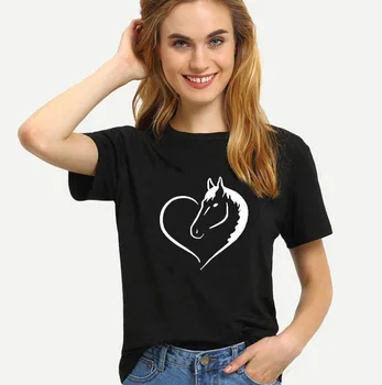 

Horse Shape Heart Print Yellow T Shirt Women Short Sleeve O Neck Loose Tshirt 2020 Summer Fashion Women Tee Shirt Tops
