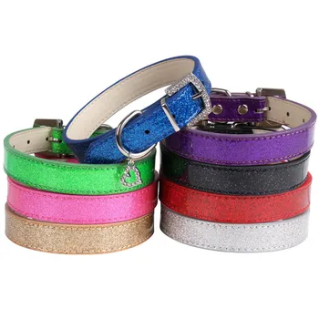 

Wholesale Rhinestone Heart Shiny PU Leather Pet Collar Diamond Button Noble Neck Strap Collar for Dogs Cats Pet Supplies