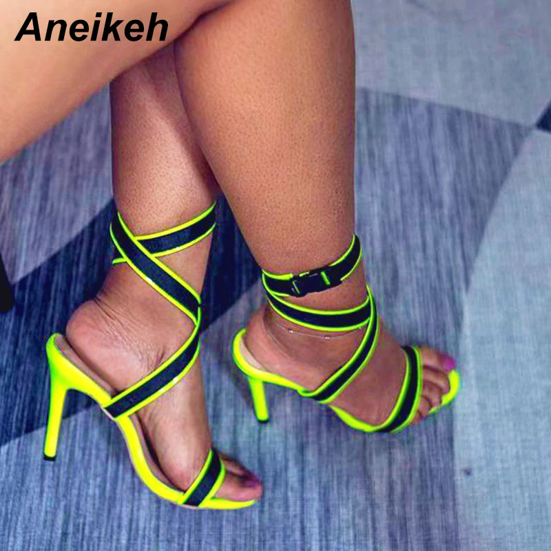 

Aneikeh Summer Sandals 2020 Classic Gladiator Shoes Fluorescent green Sandals Women Buckle Strap Thin High Heels Platform PU Party Size 35-42 sandalias mujer 2020