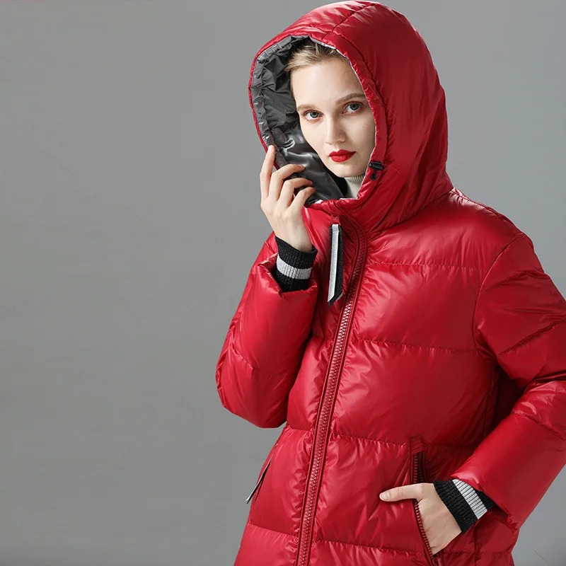 red Пуховые куртки с капюшоном для девочек, длинные, утепленные, сохраняющие тепло, зимние, 90%, белые, на утином пуху, свободные пуховые пальто с капюшоном для женщин, 199035 - Цвет: red