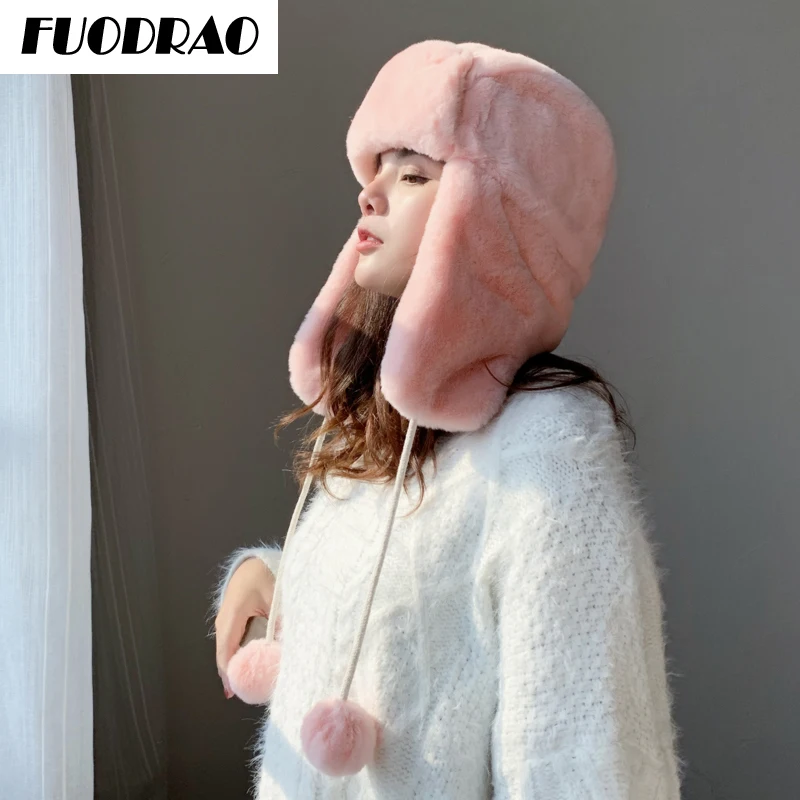 

Thick Warm Winter Hat Women Earflap Trapper Snow Ski Cap Fleece Fur Russian Hat Female Solid Bomber Hat Women Russian Cap L12