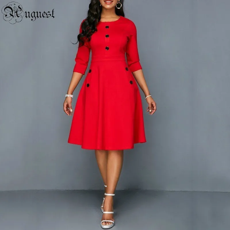 

Uguest 2019 Women Office Lady Formal Dress Plus Size Buttons Pockets Three Quarter Sleeve Pleated Empire Round Neck Autumn Dress