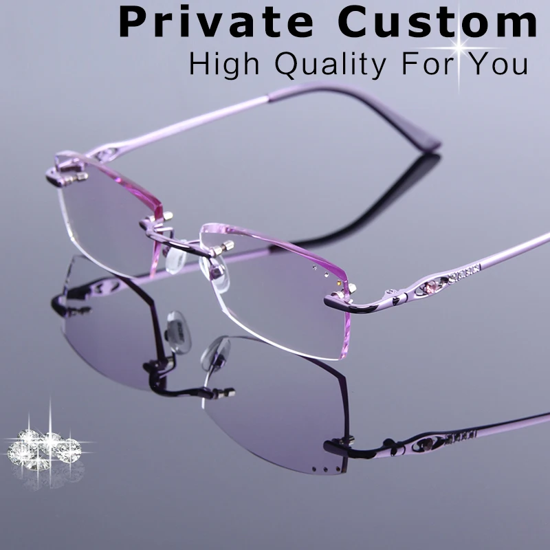 

Trendy Female Diamond Trimming Rimless Glasses Prescription Eyeglasses High Clear Tinted UV400 Lens Myopia/Hyperopia Spectacles