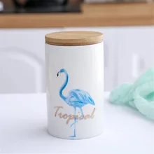 Nordic Flamingo Pattern Storage Jars with Wooden Lid Kitchen Ceramic Sealed Jar Coffee Beans Candy Sugar Tea Cans