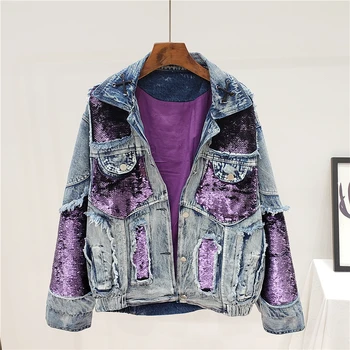 

Fashion Sequins Splice Holes Denim Jacket Women Outerwear Oversized Loose Casual Long Sleeve Jeans Jacket Coat Female Streetwear