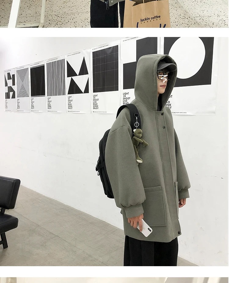 Мужское пальто, осень и зима, новое, одноцветное, с капюшоном, длинное, свободное, шерстяное пальто, Молодежная, индивидуальная, модная, трендовая, мужская одежда