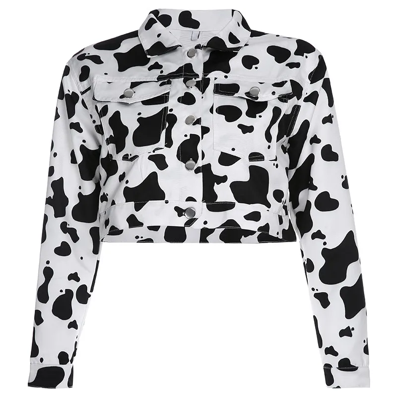 Iamhotty, с принтом коровы, тонкая куртка для женщин, Jaquetas Feminina, уличная, короткая, Женская куртка, осень, Kawayii Femme, пальто с длинным рукавом - Цвет: BLACK  WHITE