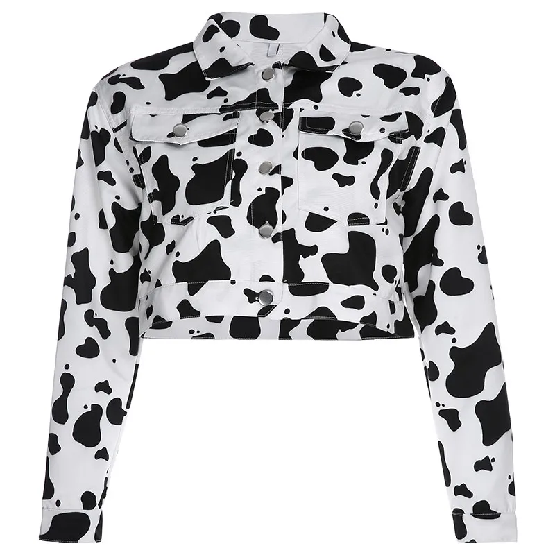BLACK WHITE Iamhotty, с принтом коровы, тонкая куртка для женщин, Jaquetas Feminina, уличная, короткая, Женская куртка, осень, Kawayii Femme, пальто с длинным рукавом - Цвет: BLACK WHITE