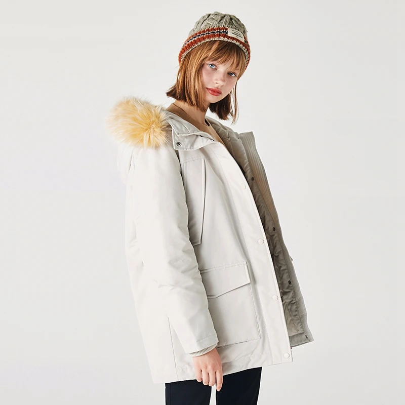 SEMIR Хлопковая женская парка зимнее Новое Свободное длинное пальто с меховым воротником ветровка средней длины теплое пальто - Цвет: Rice white
