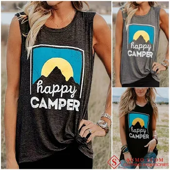 

Plus Size Women's Tops Tshirt Happy Camper Letter Printed T-shirt Graphic Funny Tees Print Cotton Tshirt Summer Clothes S-XXL