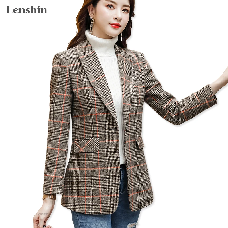 

Lenshin Vintage England Style High-quality Plaid Coat with Pockets for Women Single Button Jacket Fashion Outwear Blazer