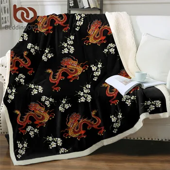 

BeddingOutlet Eastern Dragons Sherpa Blanket Floral Plush Bedspread Animal Red Black Throw Blanket Traditional Fashion Mantas