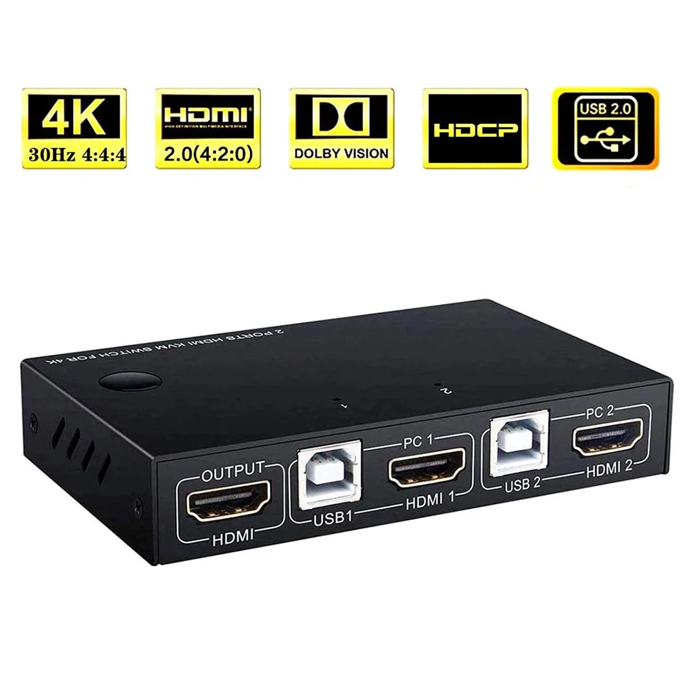 

USB 2.0 KVM Switch HDMI 2 Port Box Video Switcher Splitter Support Wireless Keyboard Connections HUD 4K Supported
