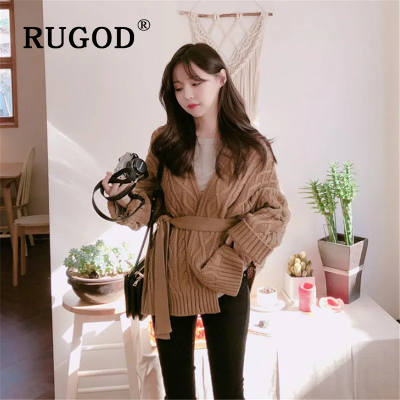 RUGOD/корейский стиль, свитер с v-образным вырезом, Женские однотонные бандажные кардиганы с длинными рукавами, Осень-зима, повседневная женская плотная одежда, Pull Femme Hiver
