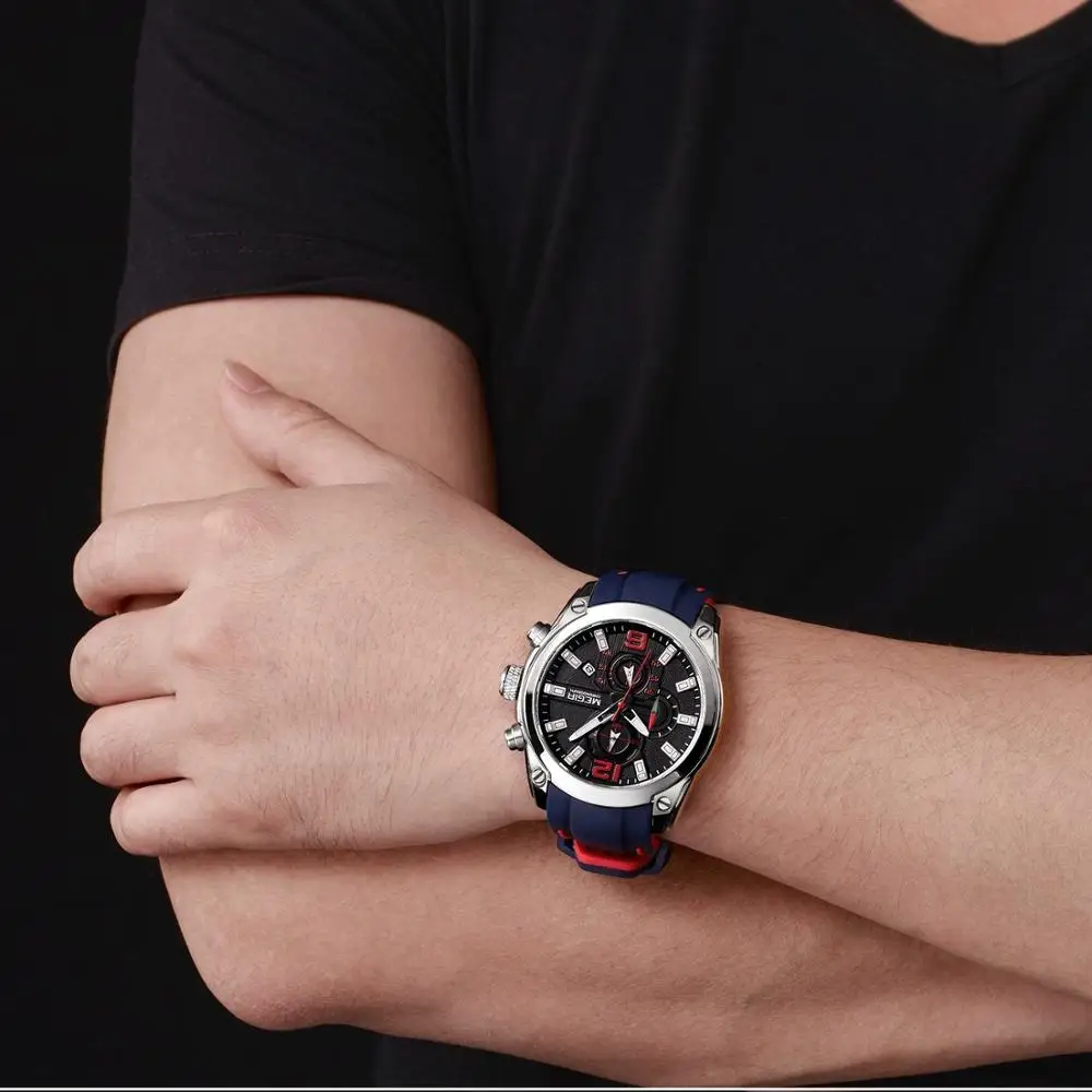 Megir мужские хронографы аналоговые кварцевые часы с датой, светящиеся стрелки, водонепроницаемый силиконовый ремешок наручные часы для мужчин 2063