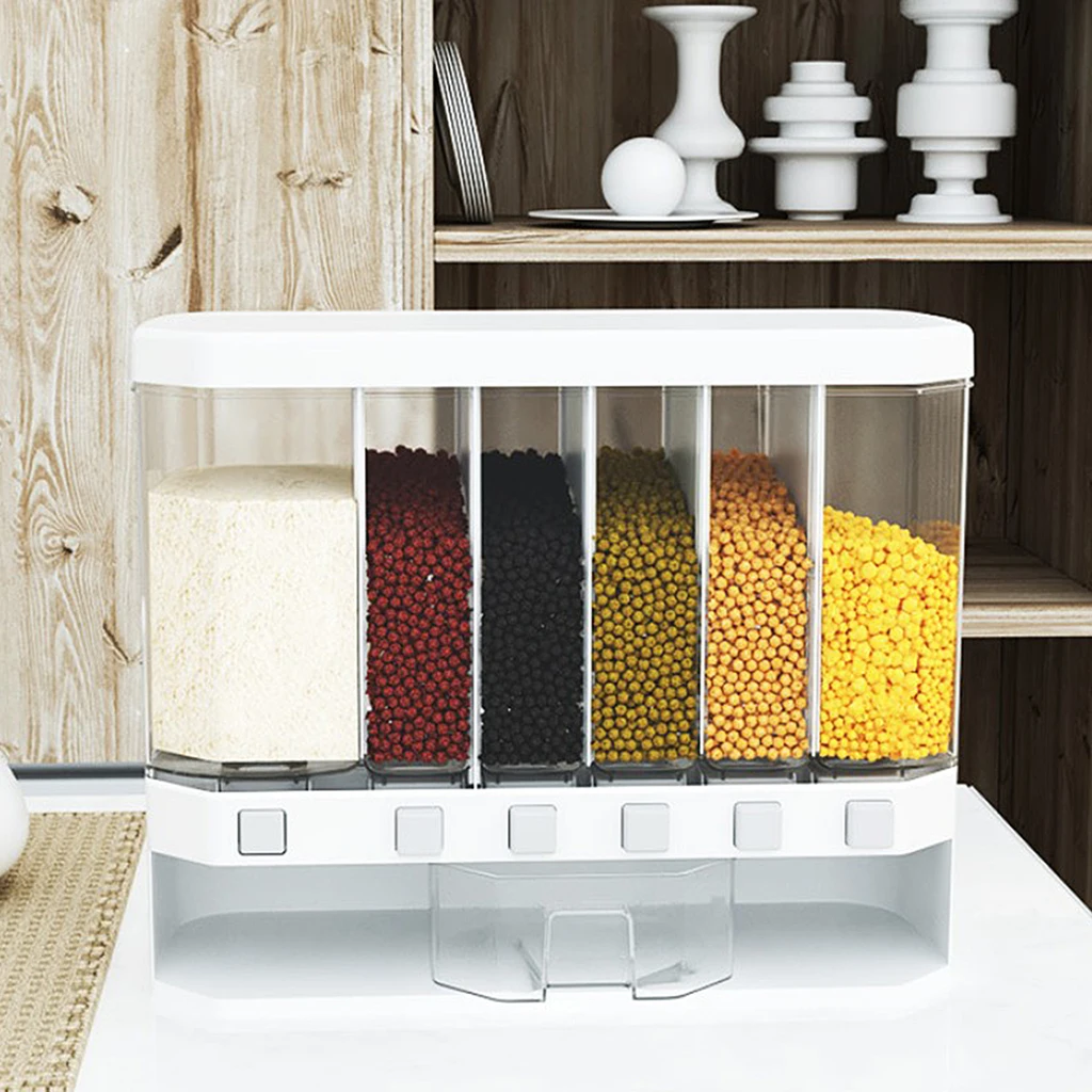 6 in 1 Wall-Mounted Cereals Dispenser Press Grain Storage Tank Dry Food Organizer Rice Dispenser for Home and Kitchen