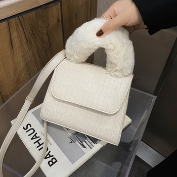 

Pattern Leather Crossbody Bags for Women 2020 Fashion Small Solid Colors Shoulder Bag Female Handbags and Purses with Fur Handle