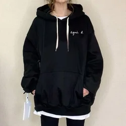 Carta de impressão com capuz moletom com capuz feminino oversize preto sólido retalhos bolso meados de comprimento pulôver escritório senhora casual solto moletom