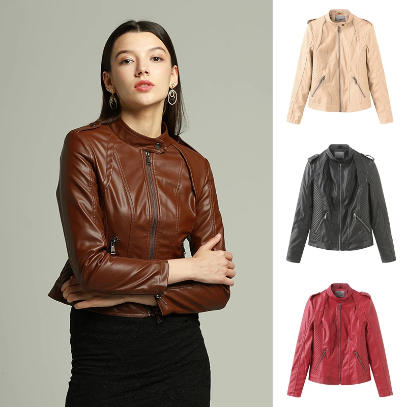 PU leather Women jacket Tops Ladies Coat cropped length Outdoor Long Sleeve Motorcycle Stylish biker club casual clothes female