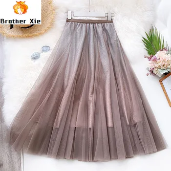 

2020 New Spring Women Tulle Skirt High Waist Elegant Long Pleated Skirt Elastic Waist Slim Female Party Skirts
