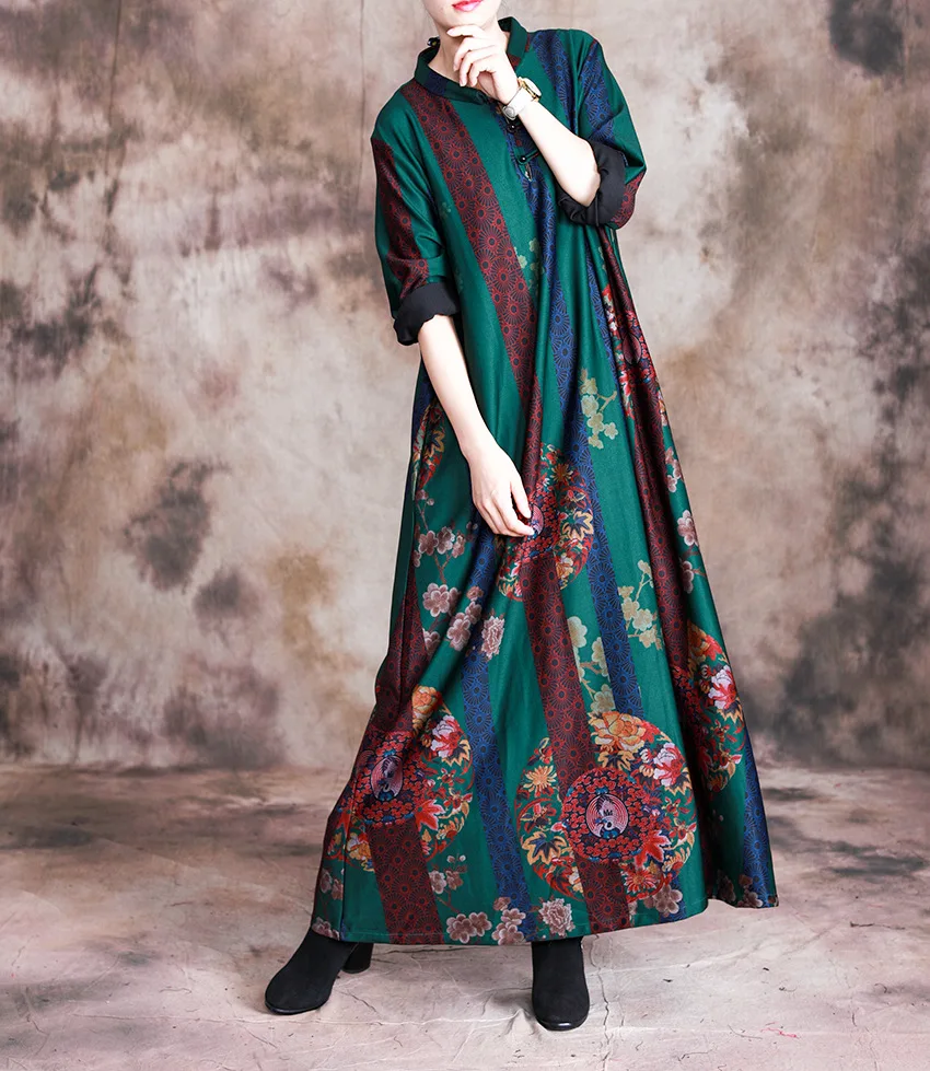 

Autumn Chinese National Style Vintage Stand Collar Tencel Cotton Printed Dress Slim Temperament Long Maxi Dresses