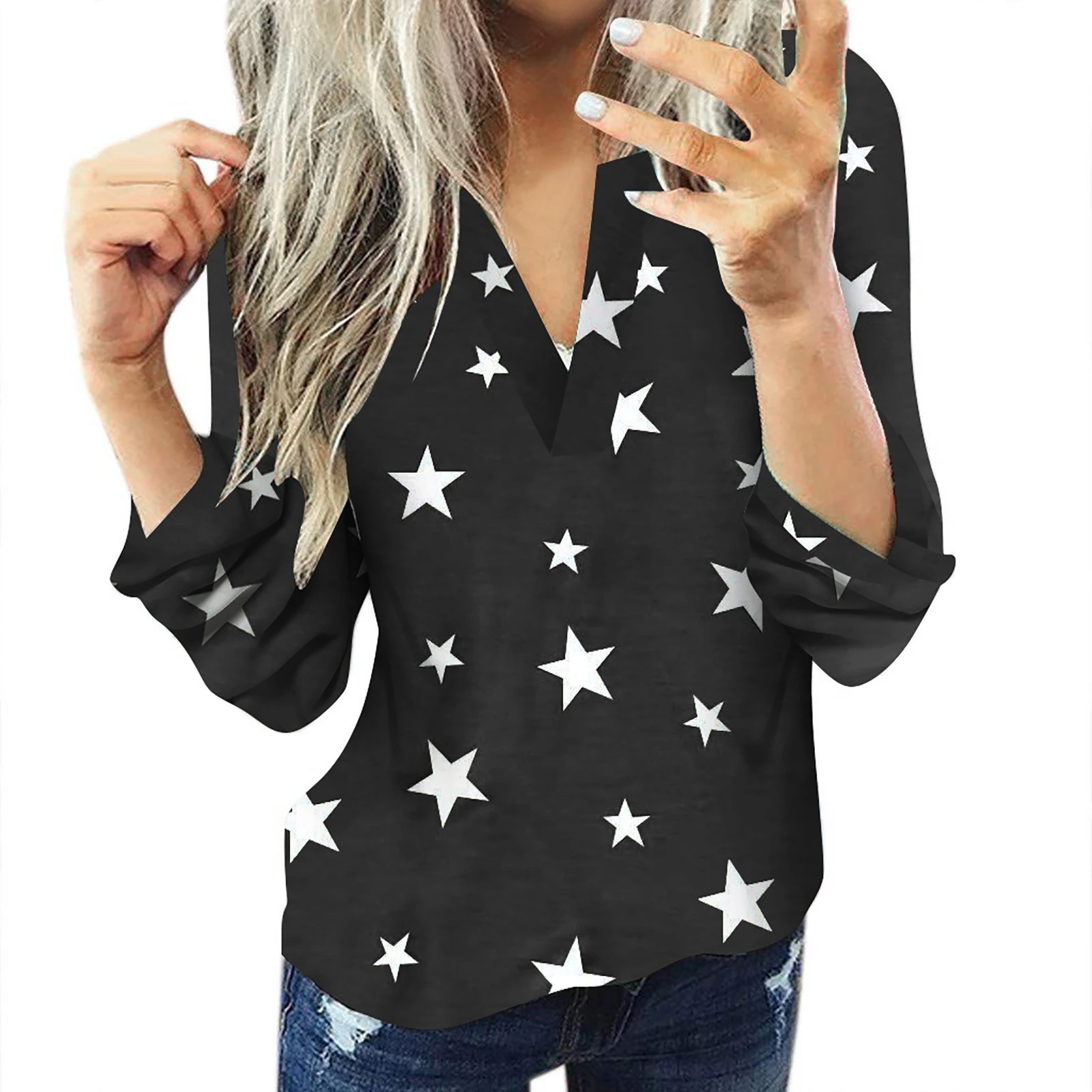 Women Star Print Shirts Casual Cotton Long Sleeve Star Shirt Women's Slim Elegant Shirt Top Blouses Sexy V-neck Blouses рубашка women's shirts & tops