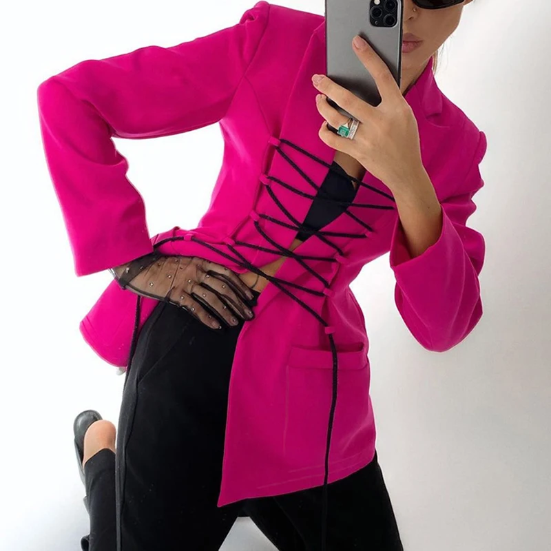 

Lady Korean Contrast Color Tie Temperament Commuter Skin Color Slim Solid Color Blazer Jacket Lace-Up Pocket Elegant Tops