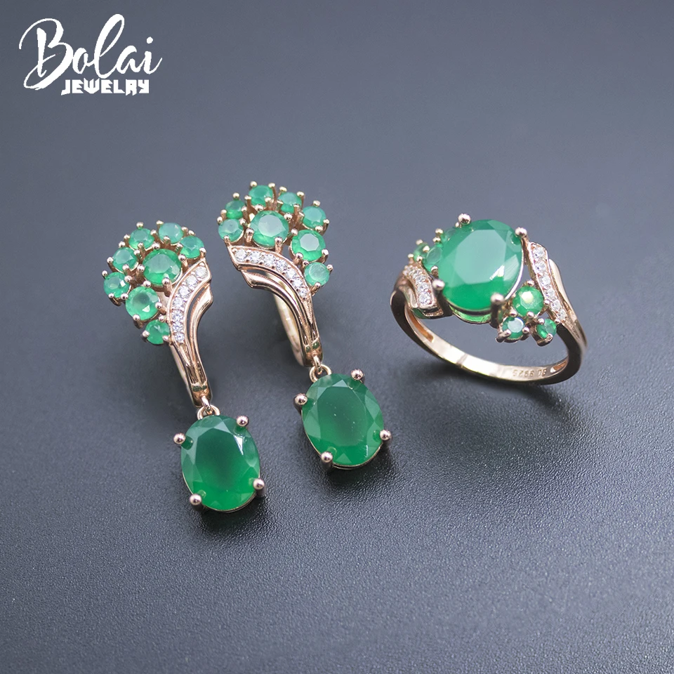 

Bolai Natural Green Agate Jewelry Sets Kits 925 Sterling Silver Clasp Earrings Ring Gemstone Jewelry for Women Wedding Elegant