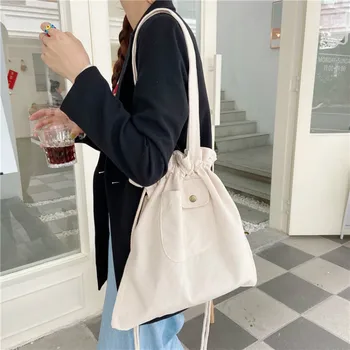 

2020 new canvas bag portable drawstring shoulder bag literary check student bag