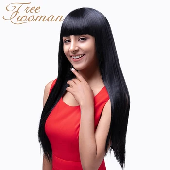 

FREEWOMAN Natural Black Straight Wigs With Neat Bangs Synthetic Wig Silver Gray Wig for Women Heat Resistant Hair