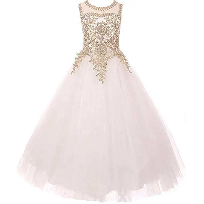 Real Photo Lovely Kids Gold Applique Scoop Flower Girl Dresses