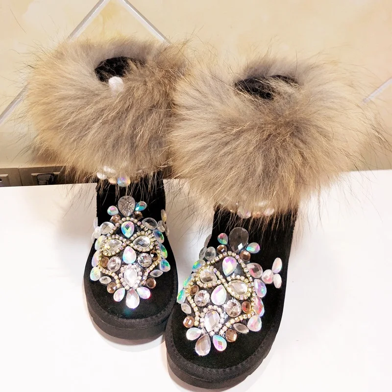 Черные замшевые зимние сапоги на плоской подошве; женская обувь с пушистым мехом; женские блестящие зимние сапоги со стразами; обувь из толстого плюша; Botas