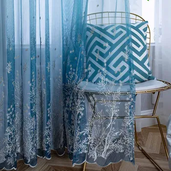 

Nordic Gradient Blue Sheer Curtain for Living Room Tree Pattern Tulle Curtain for Bedroom Balcony Voile Drape Blinds X662#40