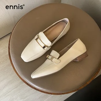 

ENNIS Genuine Leather Loafers Women Boat Shoes Square Toe Flats Metal Decoration Slip On Casual Fashion Shoes Big Size NEW C0057