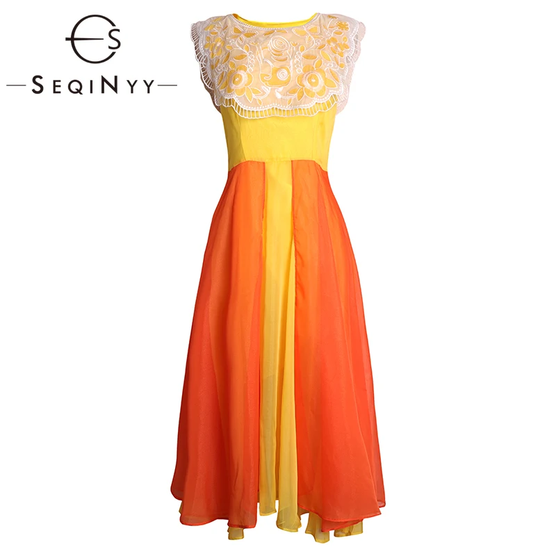 

SEQINYY Chiffon Dresss 2020 Summer Spring New Fashion Design Women Sleeveless Embroidery Flower Organza Orange Yellow Midi Dress