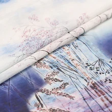 Vase Print Light Blue Natural Silk Fabric& Linen Fabric Summer Printing Real Flax Mulberry Cloth Real