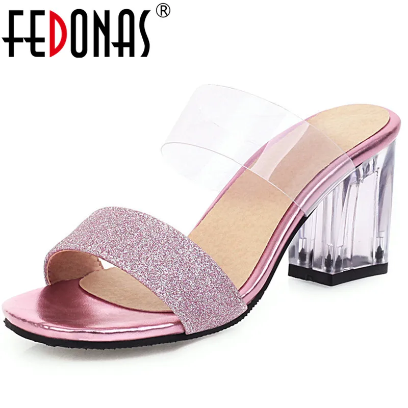 

FEDONAS PU Slip On Women Sandals Comfortable High Heeled Sequins Glitters Classic Design Spring Summer Elegant Shoes Woman