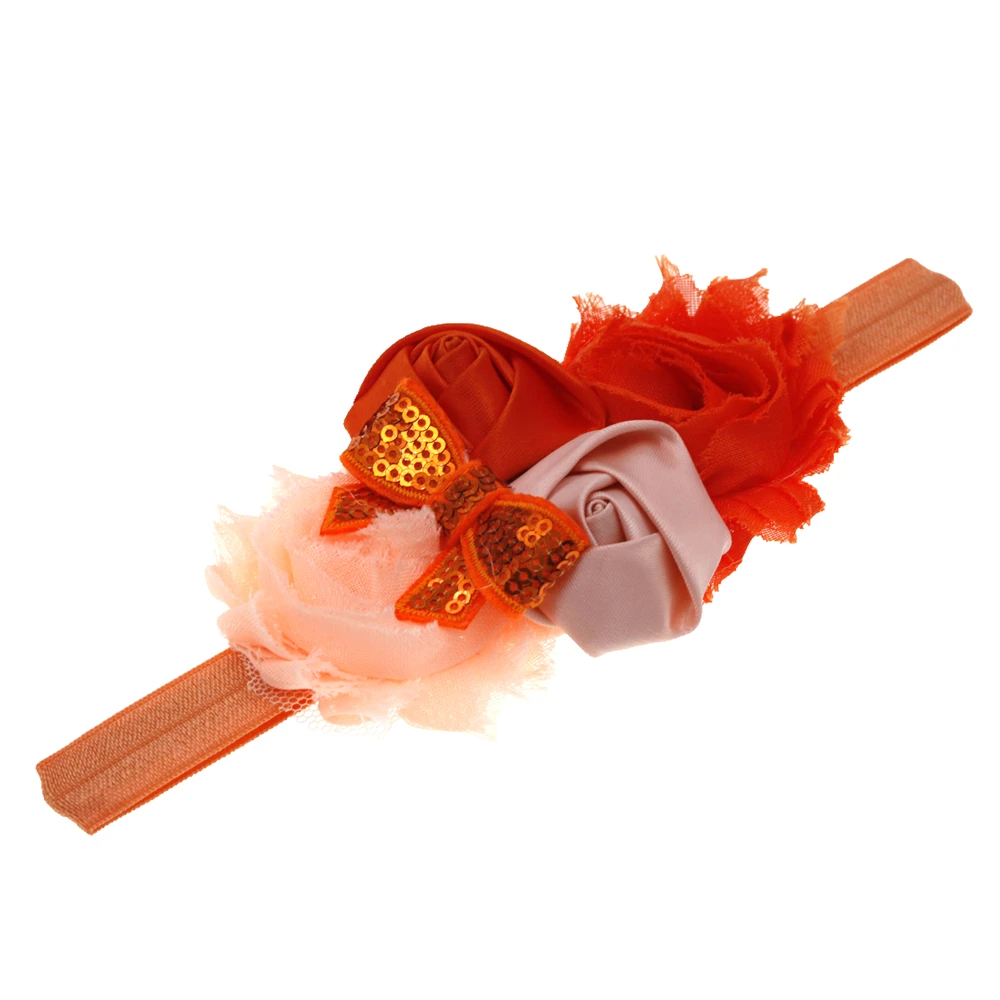 Детская повязка на голову с розовыми шифоновыми цветами; эластичная повязка на голову с бантом; Изысканные банты для волос с цветами; повязка на голову для новорожденных девочек; аксессуары для волос - Цвет: Оранжевый