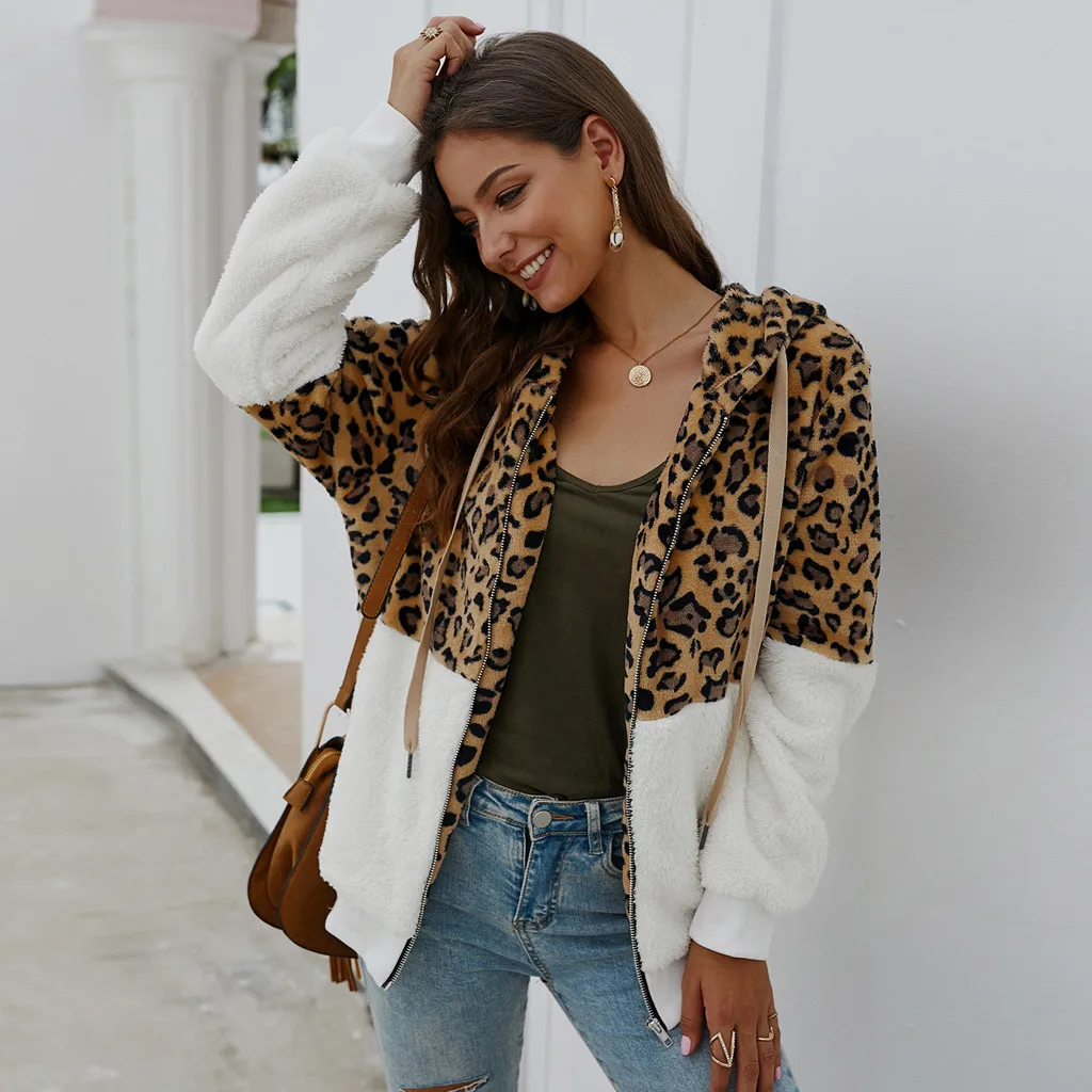 low cost  Womail jacket Coat Women Vintage Winter Warm Faux Fur Coat Fashion Hooded Leopard Print Zipper Outw