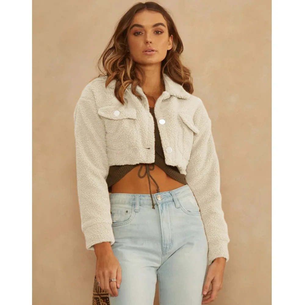 Autumn And Winter New Style Elegant Fold-down Collar Retro Lambs Wool Solid Color Single-Row Metal Buckle Jacket Short Coat