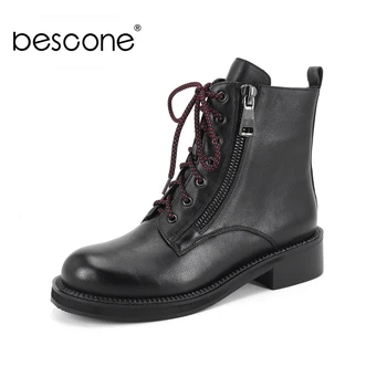 

BESCONE Lace-Up Women Boots High Quality Genuine Leather Handmade Med Heel Shoes Casual Round Toe Square Heel Lady Boots BC319