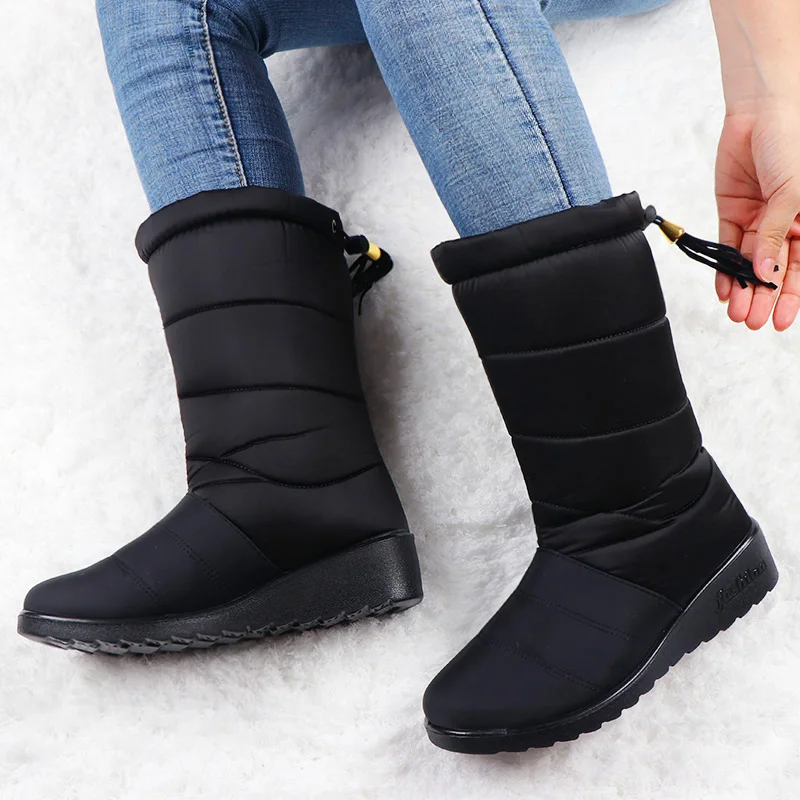 Women Boots Mid Calf Down Boots High Bota Waterproof Ladies Snow Winter