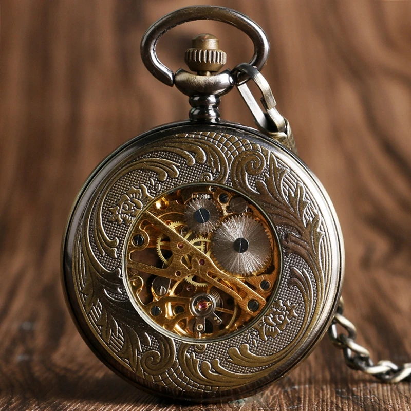 Классические карманные часы для мужчин щит Бронзовый Механические карманные часы для мальчиков Римский Циферблат скелет кулон часы цепь